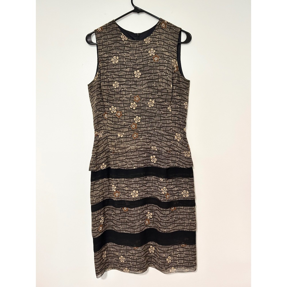 y2k Cynthia Howie Brown Floral 100%โ Silk Sleeveless Tiered Sheath Dress 6